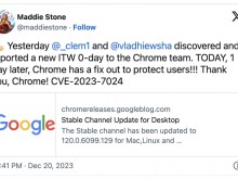 Google Chrome 120.0.6099.130正式版现已推送，修复已被利用的安全漏洞CVE-2023-7024